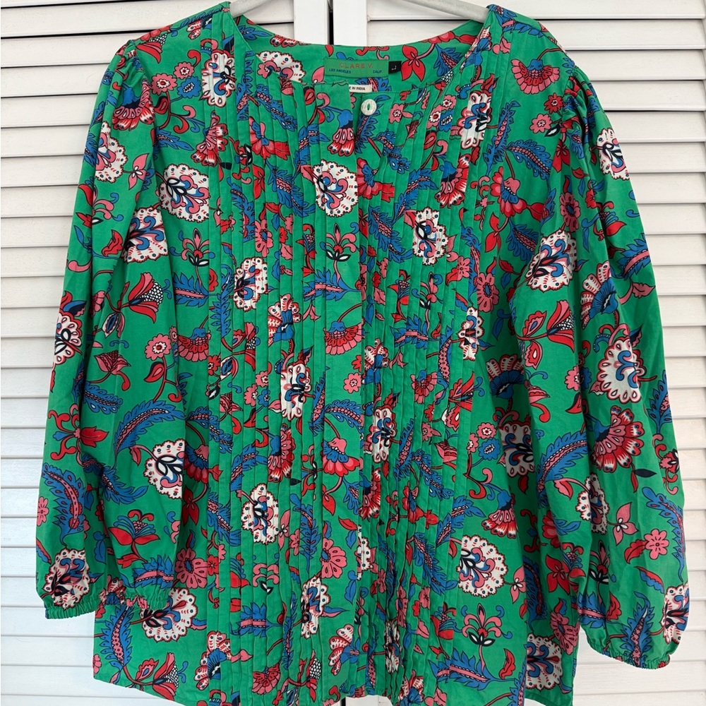 Clare V Green Floral Cotton Blouse